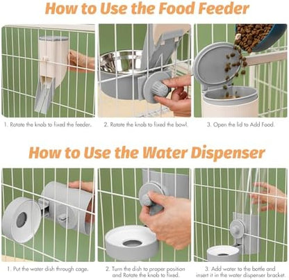 Yummy Sam Hanging Cage Automatic Small Pet Food Bowl Water Bottle Dispenser, Kennel 500ML Waterer and Auto Gravity Pet Feeder Set with Separate Food Bowl Crate Feeder Dish for Puppy Cats Rabbit (Grey)