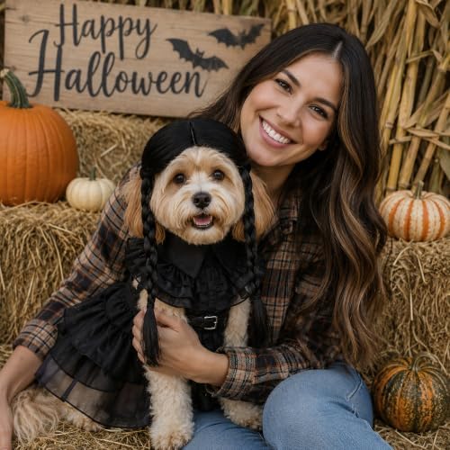 3 Pcs Halloween Dog Dress Costume with Belt Wig, Black Cute Pet Costume (L) - Image 3