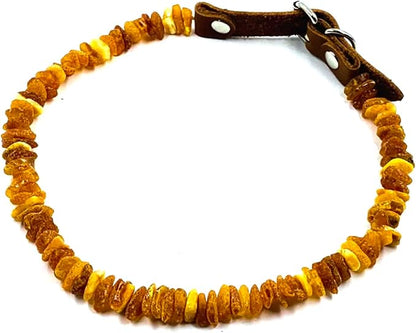 Baltic Amber Dog & Cat Collar with Adjustable Leather Strap - Raw Knotted Amber Beads (40-45cm)