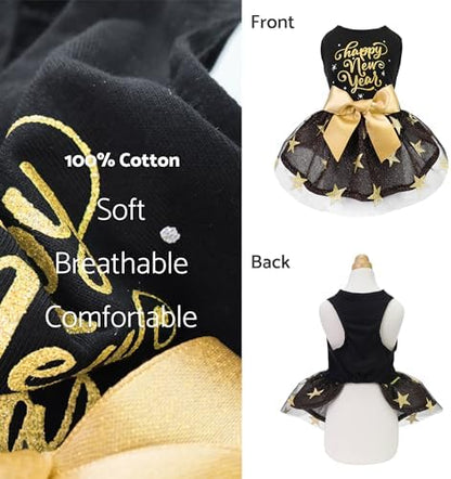 Fitwarm Happy New Year Dog Dress, Sparkly Dog Clothes for Small Dogs Girl, Holiday Pet Tutu Dress, Cat Outfit, Black, Gold, Medium - Image 4