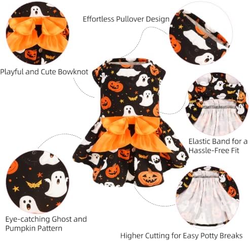 PUPTECK Halloween Dog Dress with Orange Bowtie, Ghost Pumpkin Print, M - Image 4