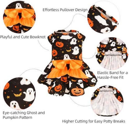 PUPTECK Halloween Dog Dress with Orange Bowtie, Ghost Pumpkin Print, M - Image 4