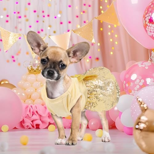 Birthday Dog Dress with Gold Sparkly Sequin Princess Dog Clothes for Small Medium Large Dogs Girls Boys Cats Outfit Apparel - Image 2