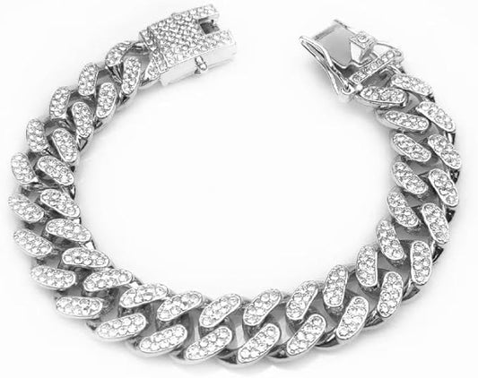 Dog Chain Collar Cuban Link Silver Design Secure Buckle Crystal Necklace Metal Jewelry Accessories for Small Medium Large Pet Male Dogs (18inch)
