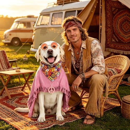 PAWCHIE Halloween Dog Hippie Costume Set 60s 70s, Pet Costume Accessories Includes Hippie Fringed Cape Bandana Glasses and Peace Necklace, Adjustable Boho Pet Outfit for Small Dogs Party Photo, Pink S - Image 7