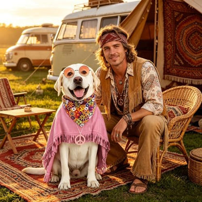 PAWCHIE Halloween Dog Hippie Costume Set 60s 70s, Pet Costume Accessories Includes Hippie Fringed Cape Bandana Glasses and Peace Necklace, Adjustable Boho Pet Outfit for Small Dogs Party Photo, Pink S - Image 7