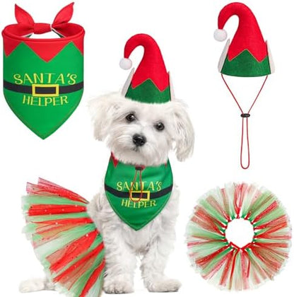 SCENEREAL Christmas Dog Bandana Dress with Hat Set, Pet Santa Costume for Small Medium Sized Dogs, Cute Tutu Skirt Outfit for Party Halloween by SCENEREAL