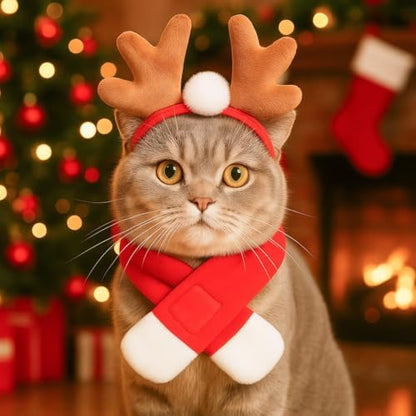 NAMSAN Pet Reindeer Costume for Cats Small Dogs Rabbits, Christmas Cat Antler Headband with Red Scarf, Small Dog Santa Deer Antler Outfit for Christmas New Year Party Cosplay Statue Decoration - Image 6