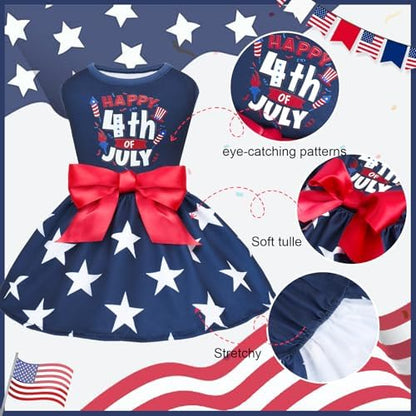 XPUDAC 4th of July Dog Dress Patriotic Clothes Stars Skirt with Bow Independence Day Doggie Outfit Pet Holiday Apparel for Small Dog Girl Cat, S - Image 2