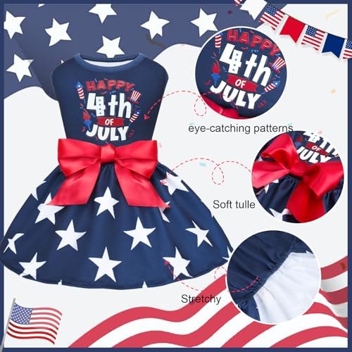 XPUDAC 4th of July Dog Dress Patriotic Clothes Stars Skirt with Bow Independence Day Doggie Outfit Pet Holiday Apparel for Small Dog Girl Cat, M - Image 2