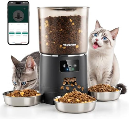Automatic Cat Feeder for 3 Cats, 6L/25 Cups Smart WiFi Pet Feeder, Strong Anti-Jam System, Dual-Effect Desiccant Cat Food Dispenser, with 10S Voice Recorder for Cats and Small Dog(Black)