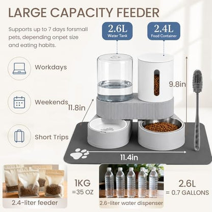 Gravity Cat Feeder 2 Pack Automatic Food Feeder and Water Dispenser Set Detachable Pet Bowl with Silicone Mat and Brush for Cats Small Medium Dogs, Large Capacity(Grey)