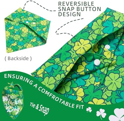 Dog Bandana for St. Patricks Day 2-in-1 Reversible - One Lucky Dog & 4-Leaf Clover Design, Pet Scarf with Snap Button Cute Lucky Holiday Costumes, Large & Giant Breeds (75lbs+) - Image 5
