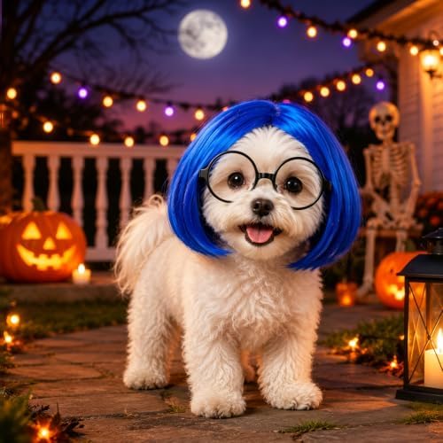 Dansydaisy 2 Pcs Halloween Sad Dog Costume Set Blue Bob Wig Round Glasses by Dansydaisy