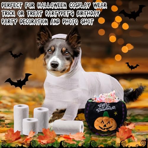 Amylove 5 Pcs Halloween Mummy Dog Costume 4 Bandage Wraps Pumpkin Bag - Image 6
