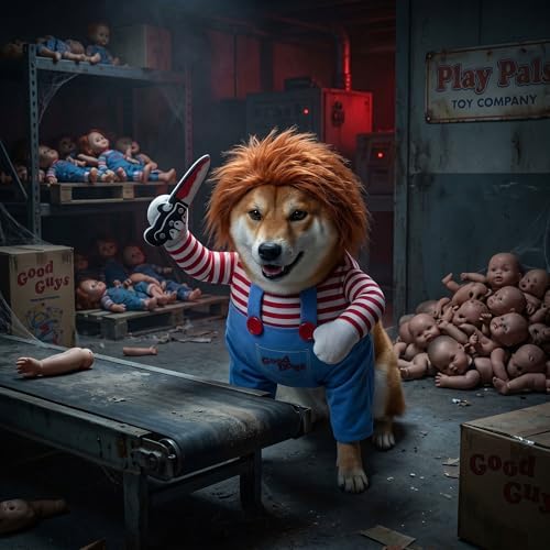 Deadly Doll Dog Costume for Small Medium Large Dogs, Funny Pets Cosplay Halloween Dog Clothes for Party, Walking Illusion Puppy Outfit with Wig and Knife - Image 4