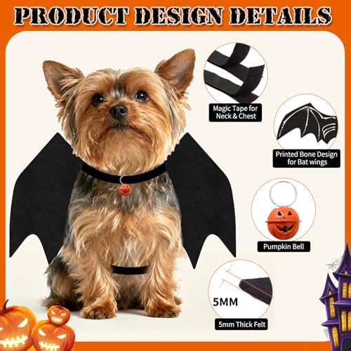 Olanrun Small Dog Halloween Costumes, Adjustable Puppy Dog Bat Wings Costumes for Small Dogs Cats with Pumpkin Bell Skeleton Print On The Back, Pet Costume Halloween Cosplay Party Dress Up, XS Black - Image 3