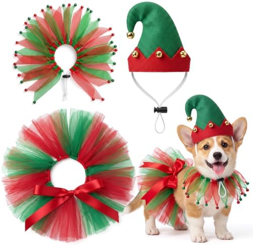Huhumy 3 Pcs Christmas Dog Outfit Pixie, Hat Collar Skirt Small Dogs Cats by Huhumy