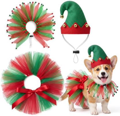 Huhumy 3 Pcs Christmas Dog Outfit Pixie, Hat Collar Skirt Small Dogs Cats by Huhumy