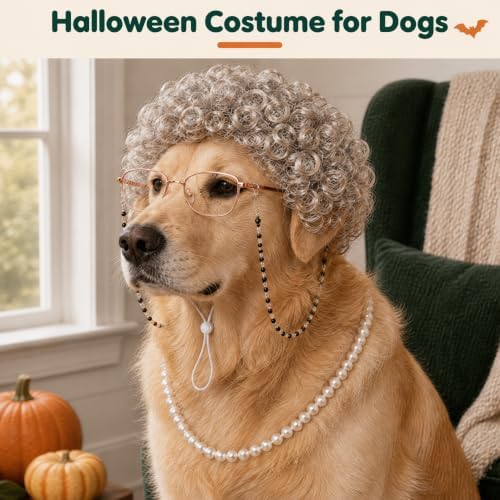3 Pcs Old Lady Costume for Dog, Mop Cap Pearl Necklace Grandma Glasses - Image 7