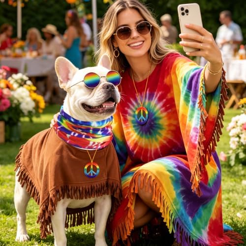 SCENEREAL 4 Pcs Hippie Dog Halloween Costume, Poncho Sunglasses Scarf - Image 2