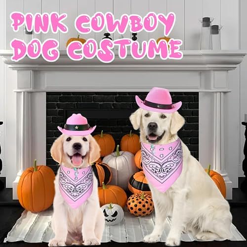 GOYOSWA Dog Halloween Costumes, Dog Cowboy Costume Halloween Pet Cowboy Hat Bandana Scarf for Small Medium Large Dogs Pets (Pink Hat & Pink Bandana, Large) - Image 2