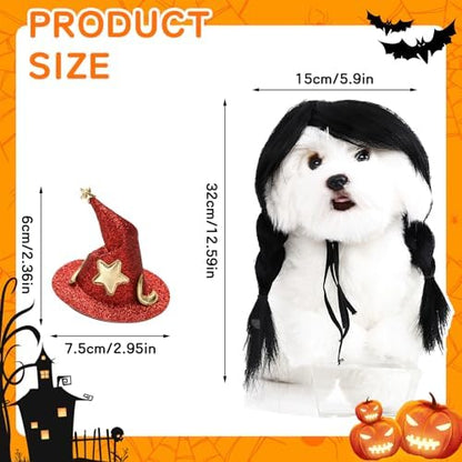HOWWFALY Dog Costume Long Black BraidHair with Small Red Wizard Hat Styling CuteFunny Pet Hair Accessories Decoration forHalloween, Christmas, Parties - Image 4