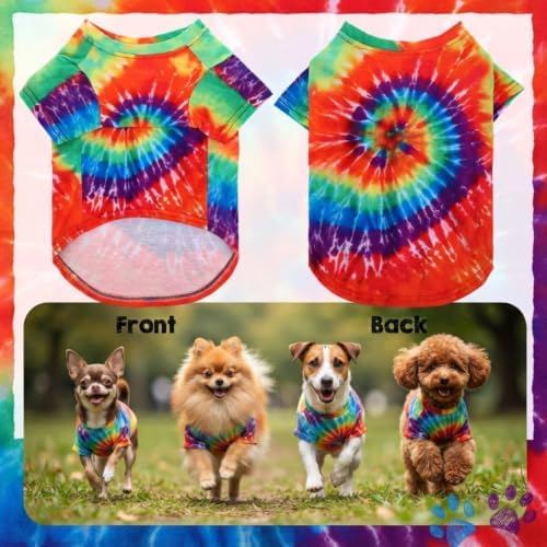 Kinlop 4 Pcs Hippie Dog Costume Halloween Pet Costume Accessories Includes 60s 70s Colorful Tie Dye T-Shirt Funky Wig Peace Sign Necklace and Sunglasses for Party Dress up (M) - Image 3