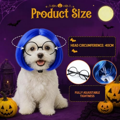 Dansydaisy 2 Pcs Halloween Sad Dog Costume Set Blue Bob Wig Round Glasses - Image 2