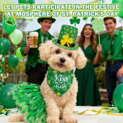 SCENEREAL St. Patrick's Day Dog Bandana Dress with Hat Set, Puppy Irish Costume for Small Medium Sized Girl Dogs Cats, Cute Tutu Skirt Green Holiday Pet Outfit Party Supplies - Image 5