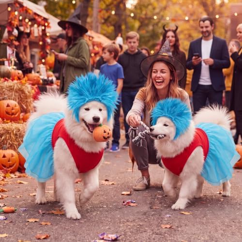 Gilprop 2 Pcs Halloween Dog Costume with Blue Wig for Dog Tutu Dress, XL - Image 6