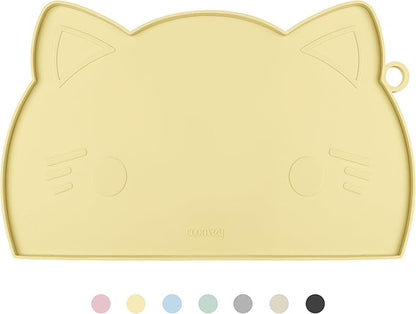 Coomazy Cat Food Mat, Thicker Dog Feeding Mat for Food and Water, Waterproof Non-Slip Silicone Mat for Floor, Dog Food Mat with Raised Edge to Prevent Food Spills and Water Runoff (Yellow, Medium)
