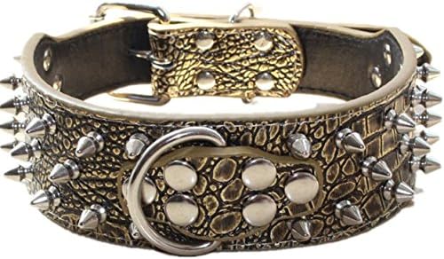 Serijoars Spiked Studded Dog Collar, PU Leather Dog Collar, Adjustable Pet Collars for Medium or Large Breed Pet (L, Gold Brown1)