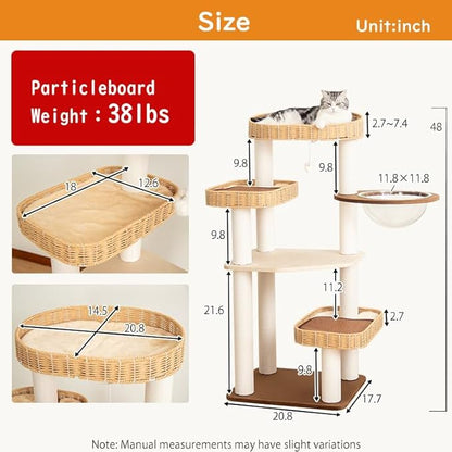 Modern Cat Tree for Large Cats, 48-Inch Tall Cat Tree Tower with Wide Shelves Cotton Scratching Posts, Super Sturdy Base, Cozy Perches, and Interactive Toys for Indoor