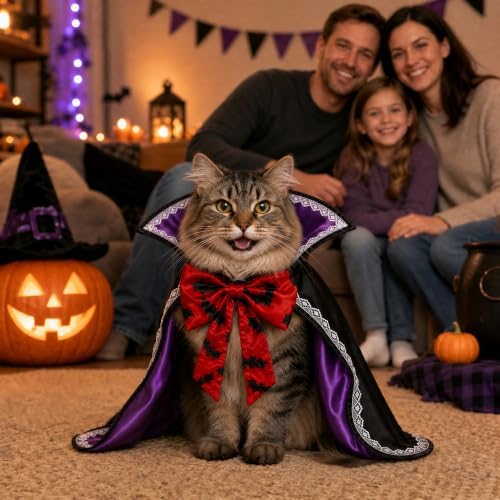 Halloween Dog & Cat Vampire Cape Costume, Satin-Look Pet Vampire Cloak with Bat Bow Tie and Stand-Up Collar, Adjustable Costume for Small, Medium, Large Dogs and Cats - Image 5