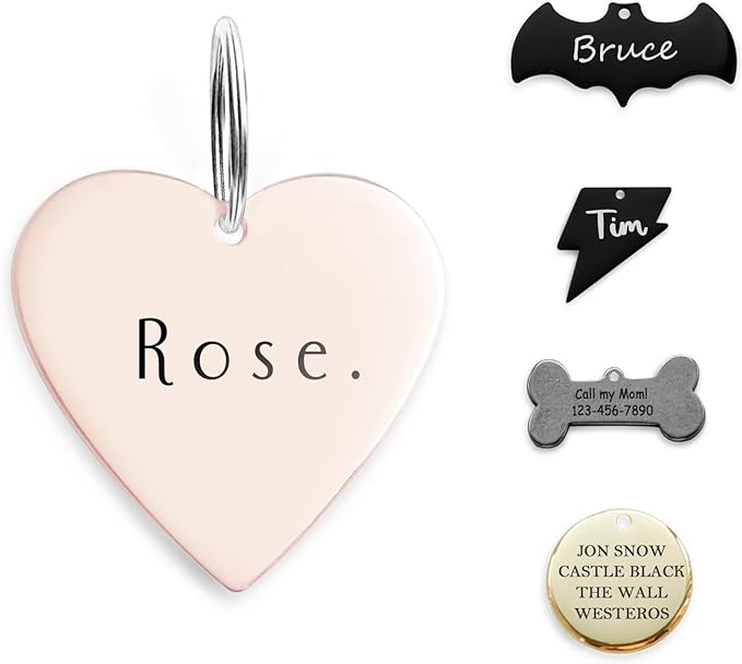 316 Surgical Grade Stainless Steel Personalized Dog & Cat ID Tags - Engraved Name or Text for Pet Collar Accessories, Original Funny Shapes (Heart)