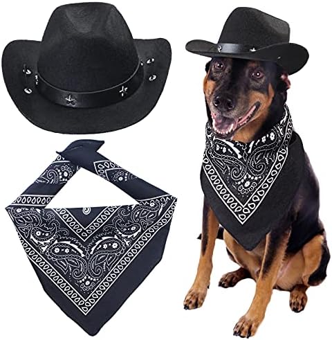 Yewong Pet Cowboy Costume Accessories - Dog Cat Pet Size Cowboy Hat and Bandana Scarf West Accessories for Puppy Kitten Party Festival and Daily Wearing Set of (Black Hat+Black Bandana) by Yewong