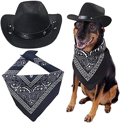 Yewong Pet Cowboy Costume Accessories - Dog Cat Pet Size Cowboy Hat and Bandana Scarf West Accessories for Puppy Kitten Party Festival and Daily Wearing Set of (Black Hat+Black Bandana) by Yewong