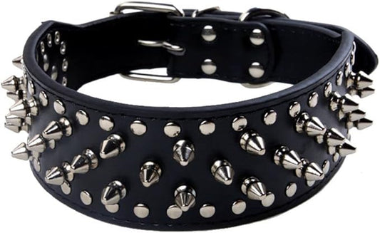 Serijoars Spiked Studded Dog Collar, PU Leather Dog Collar, Adjustable Pet Collars for Medium or Large Breed Pet (M, Black)