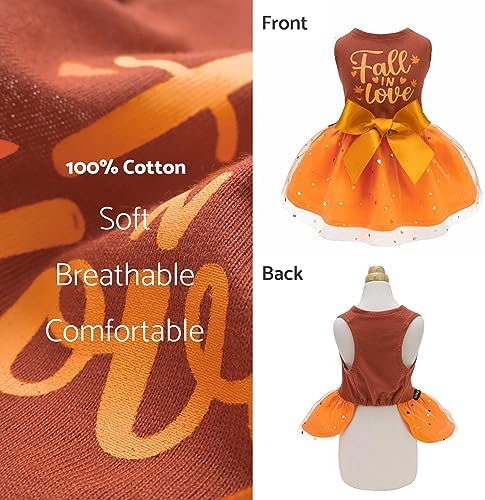 Fitwarm Thanksgiving Fall in Love Dog Dress, Sparkly Dog Clothes for Small Dogs Girl, Holiday Pet Tutu Dress, Cat Outfit, Brown, Orange, XS - Image 5
