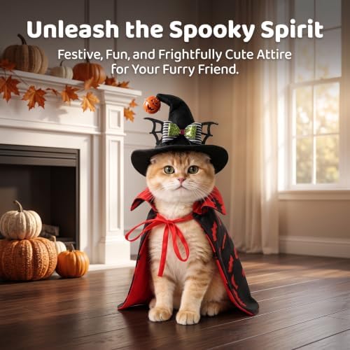 Halloween Pet Costume Set, Vampire Bat Cape with Witch Hat, Adjustable Pet Halloween Outfit for Small Medium Dogs Cats, Pet Cosplay Costume for Halloween Party Photo Props - Image 3