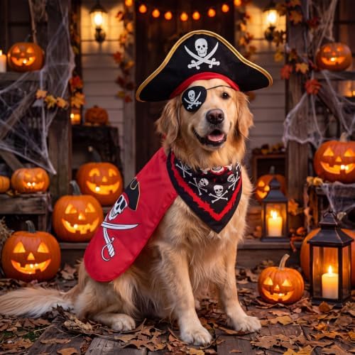 Huhumy 4 Pcs Dog Pirate Costume Hat Cape Bandana, Red, Double Extra Large - Image 6