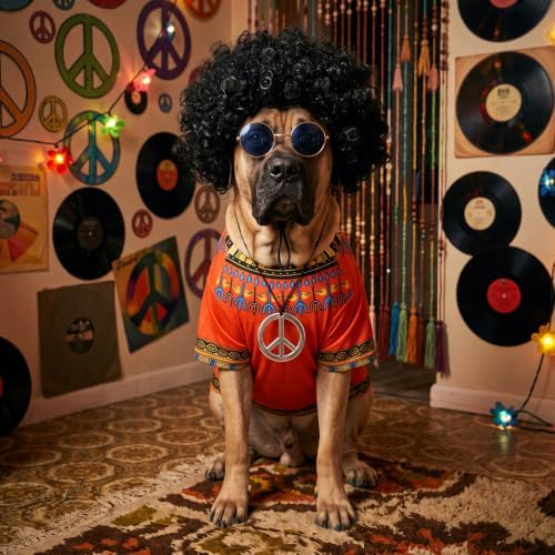 Kinlop 4 Pcs Hippie Dog Costume Halloween Pet Costume Accessories Includes 60s 70s African Dashiki T-Shirt Afro Wig Peace Sign Necklace and Sunglasses for Party Dress Up(XXL) - Image 2