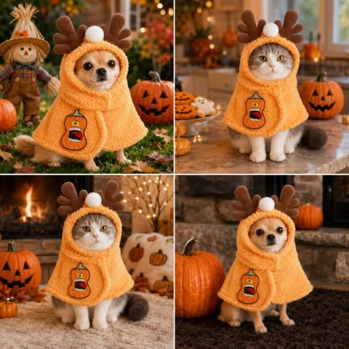 Halloween Pet Costume with Reindeer Hood, Funny Plush Cat Costume for Cats and Small Dogs, Soft Dog Halloween Costume, Pet Cape for Cosplay, Trick or Treat, Orange, Large - Image 4