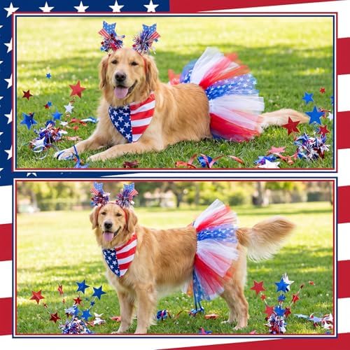 Huhumy 3 Pcs July 4th Dog Outfit Patriotic Flag Bandana Tutu Headband - Image 4