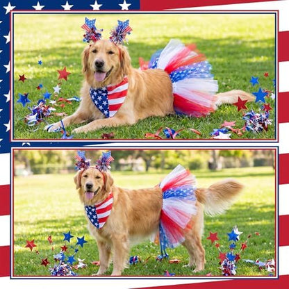 Huhumy 3 Pcs July 4th Dog Outfit Patriotic Flag Bandana Tutu Headband - Image 4