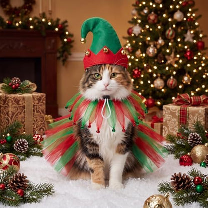 Huhumy 3 Pcs Christmas Dog Outfit Pixie, Hat Collar Skirt Small Dogs Cats - Image 6
