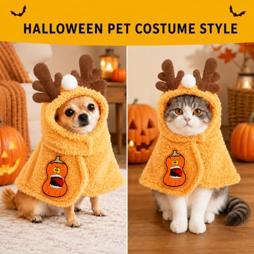 Funny Halloween Dog Costume with Reindeer Hood, Cute Pet Cape for Cats and Small Dogs, Soft Plush Pet Halloween Costume for Trick or Treat, Cosplay, Holiday Party, Orange, Medium - Image 2