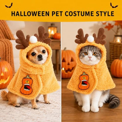 Halloween Pet Costume with Reindeer Hood, Funny Plush Cat Costume for Cats and Small Dogs, Soft Dog Halloween Costume, Pet Cape for Cosplay, Trick or Treat, Orange, Large - Image 2