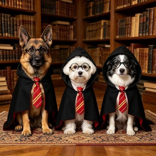 Dog Wizard Costume Set for Small Dogs, Black Red Cape with Tie and Round Glasses, Funny Halloween Dog Costume for Puppy, Pet Parties, Trick or Treat, Photo Props and Dress Up Fun for Parties - Image 3
